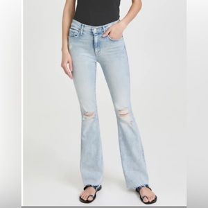 MOTHER Sky Blue Distressed Flare Jeans